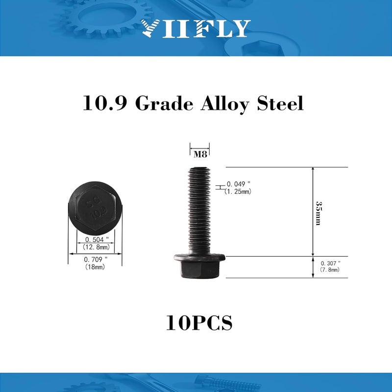 YIIFLY M8 x 35mm Flanged Hex Head Bolts Flange Hexagon Screws, M8x1.25 Bolt, 10.9 Grade Alloy Steel, Hexagon Head Bolts, Black Zinc Finish, Full Thread, Quantity 10 - Image 3